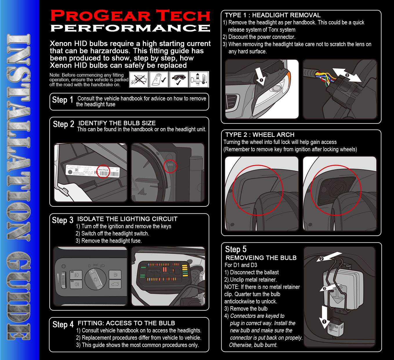 ProGear Tech Performance D1S D1R D3S D3R HID Xenon headlight replacement bulbs installation guide